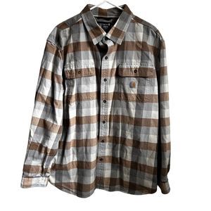 Carhartt Flannel Loose Fit Button Down Grey and Tan Brown Size XL